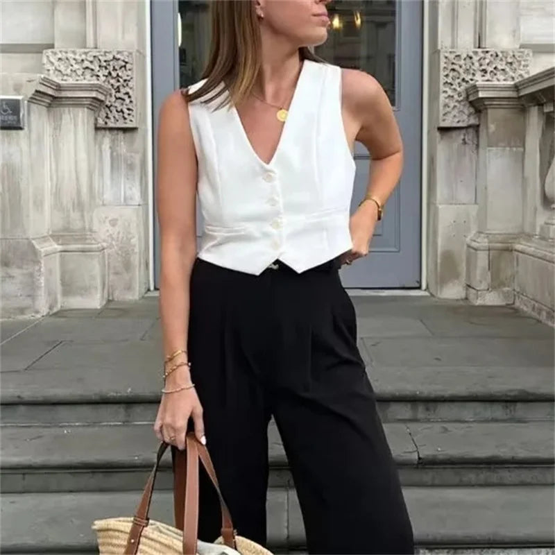 MUJER Gilet Femme Noir Blanc Gilet Court Top Femmes Col en V Gilet sans Manches Femme Mode Travail Costume D'été Gilet Manteaux Courts