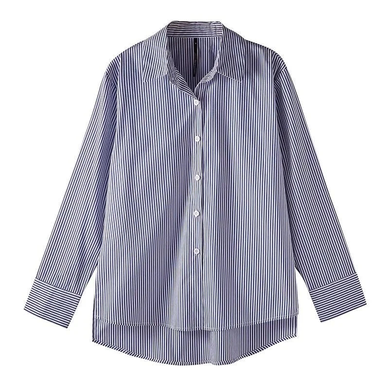 Classique Rayé Femme Printemps Automne Blouses Chemise Dame Longue Lanterne Manches Col Montant Lâche Haut Blouse