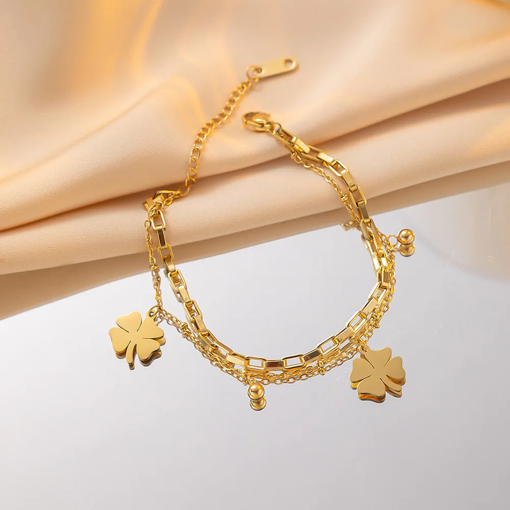 Clearance_Bracelets en acier inoxydable pour femmes, tendance, trèfles fins, pendentif, perles, chaîne en couche, bijoux festifs