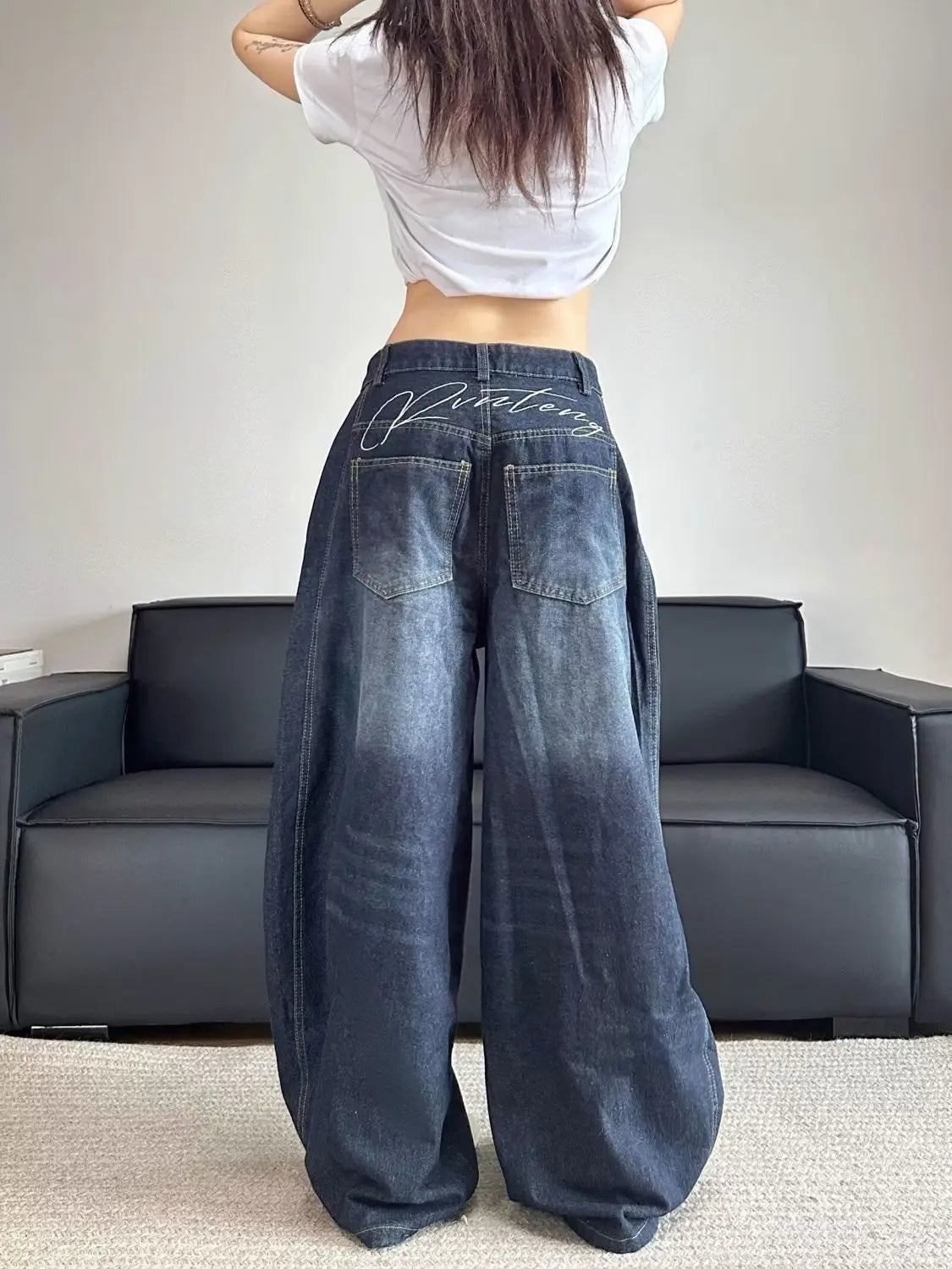 Jean en Denim brodé pour femmes, élégant, Chic, élégant, Patchwork, Vintage, drapé, droit, coupe ample, amincissant, polyvalent