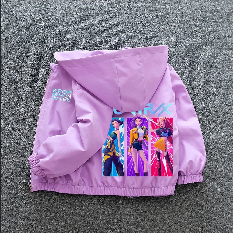 K-pop Demon Hunters 2026 Manteau coupe-vent printemps-automne pour enfants et adolescentes, imprimé dessin animé, veste à capuche imperméable