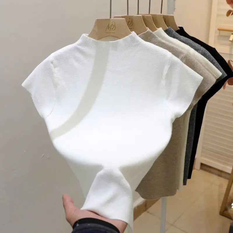 Pull d'été basique à col roulé, uni, fin, pour femme, en maille, coupe ajustée, manches courtes
