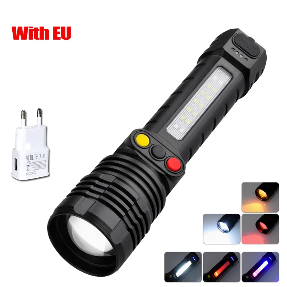 Lampe de poche haute puissance 3LED + COB, Rechargeable par USB, Ultra puissante, lanterne tactique, 10 modes, lampe de pêche pour Camping en plein air