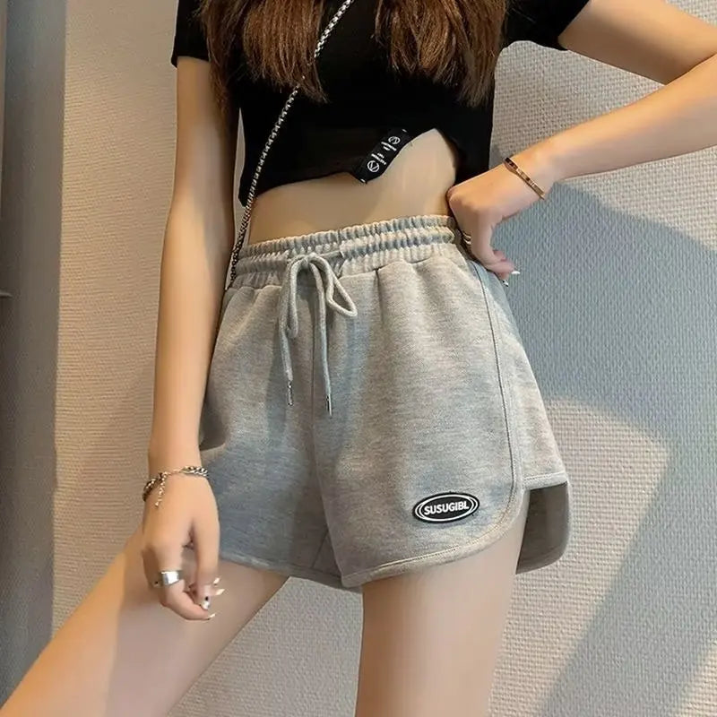 Short de sport décontracté pour femmes, cordon de serrage, fin, taille haute, Yoga, ligne a, ample, pantalon droit de course