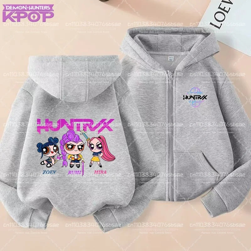 Pull à capuche K-pop Demon Hunters pour enfants, style anime, veste zippée tendance, garçon/fille, printemps/automne