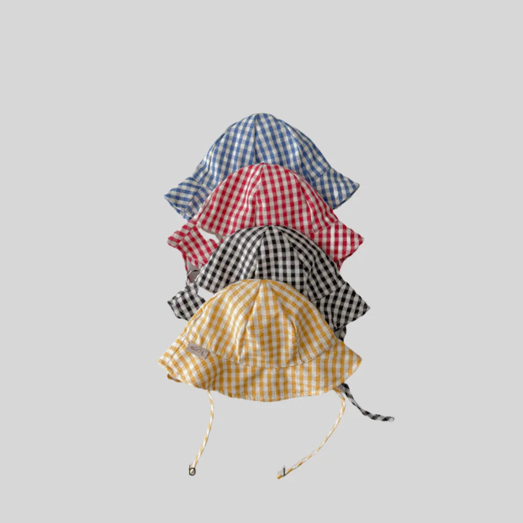 Chapeau bob à carreaux style Instagram pour bébé, idéal pour le printemps et l'été, avec bord fin et large, protection solaire et sangle ajustable