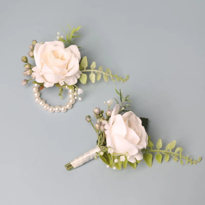 Boutonnière élégante pour marié, fleurs pour costume d'homme, roses artificielles, corsage de poignet, accessoires de mariage