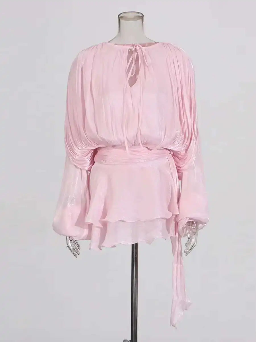 TWOTWINSTYLE – Mini robe chemisier unie pour femmes, col en V, manches longues, à lacets épissés, Style doux, vêtements féminins à la mode