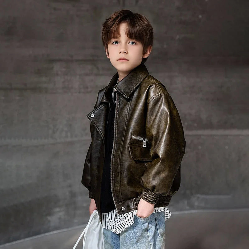 Manteau imperméable et coupe-vent pour garçons de 2 à 12 ans, vert foncé, veste en cuir Pu pour moto, Rock noir, vêtements de photographie de rue pour enfants