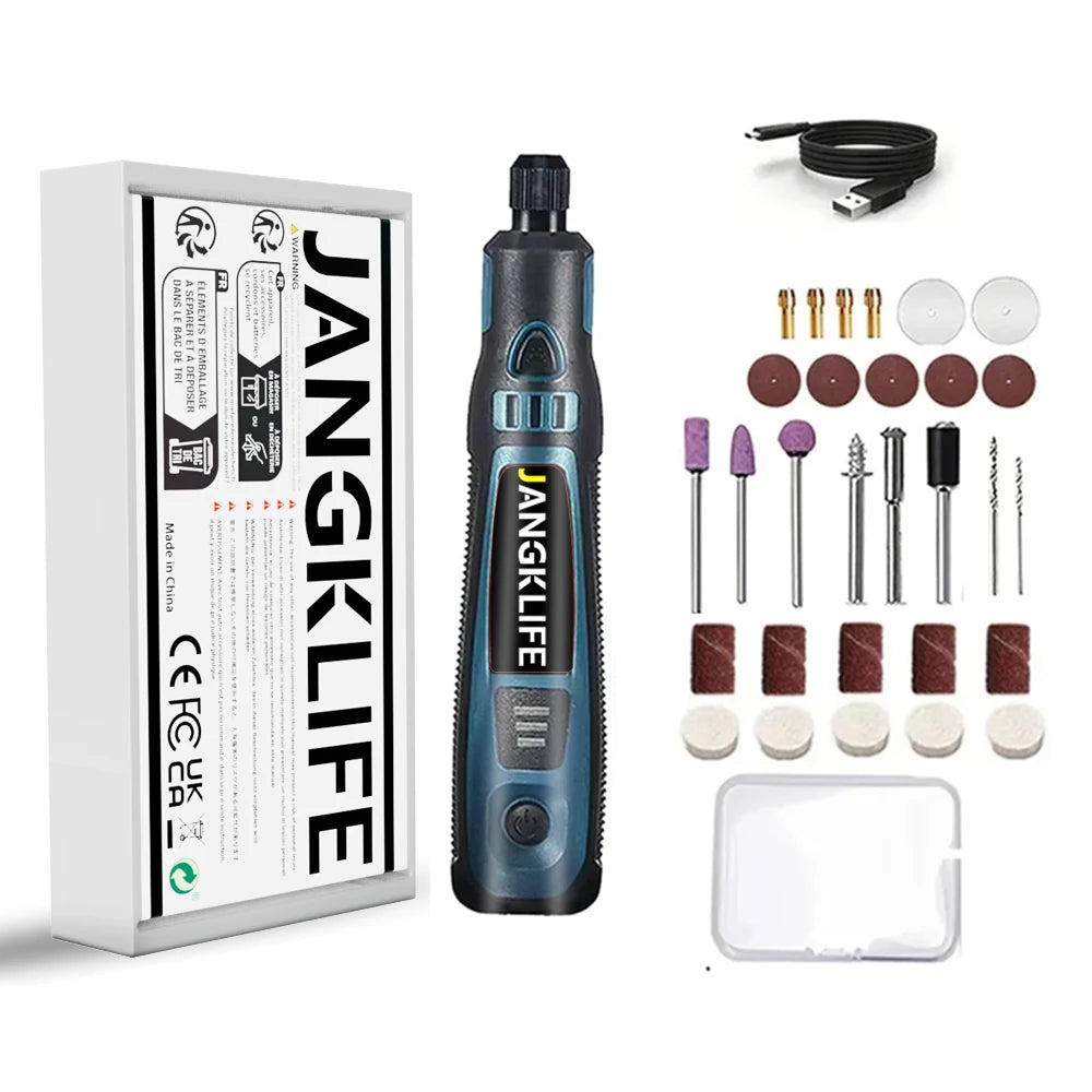 JANGKLIFE Kit d'outils rotatifs sans fil USB stylo de gravure sur bois bricolage pour bijoux métal verre Mini perceuse sans fil