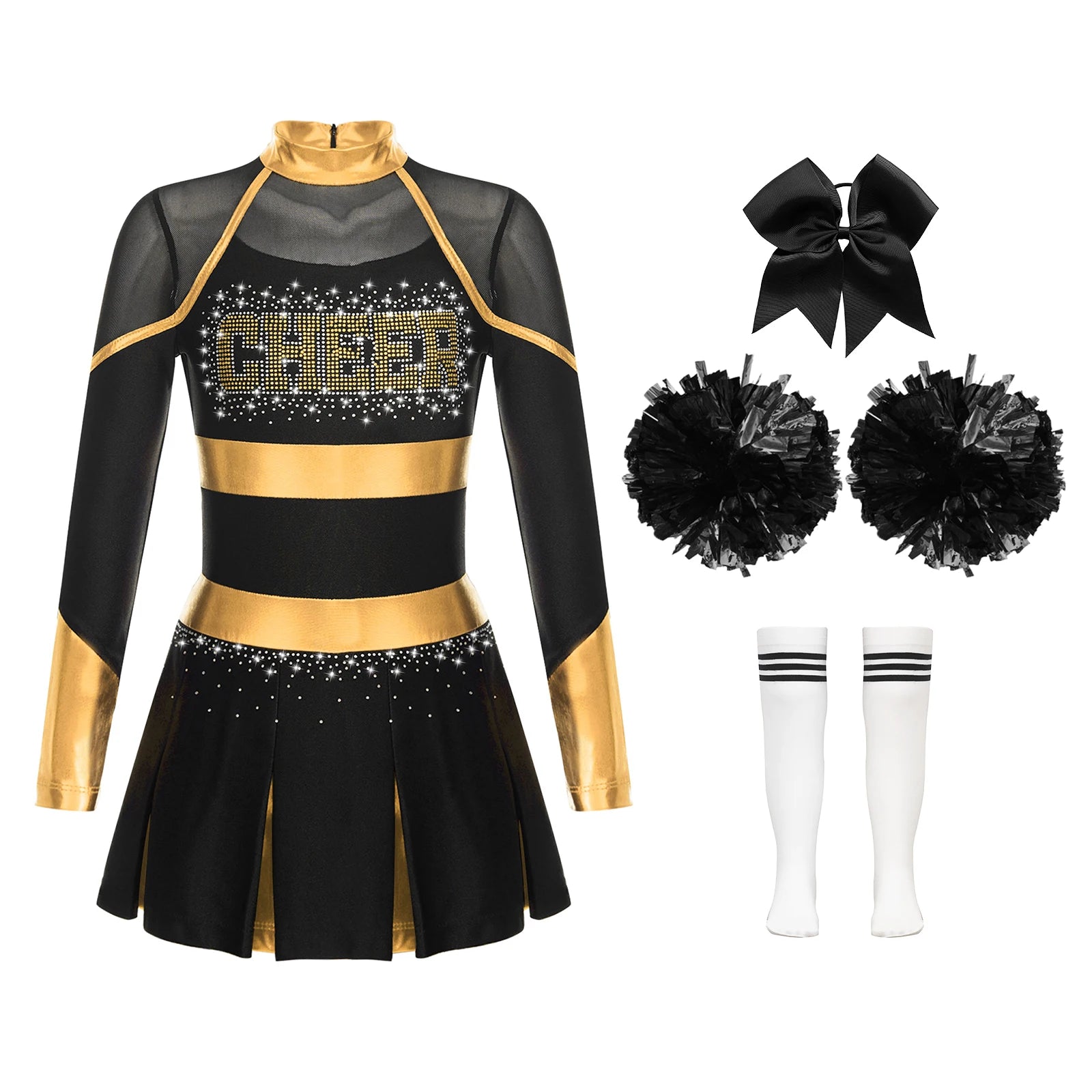 Uniformes de pom-pom girl pour enfants filles, 4 pièces, tenue de danse à l'école, paillettes brillantes, robe à épaules dénudées, déguisement de pom-pom girl de carnaval