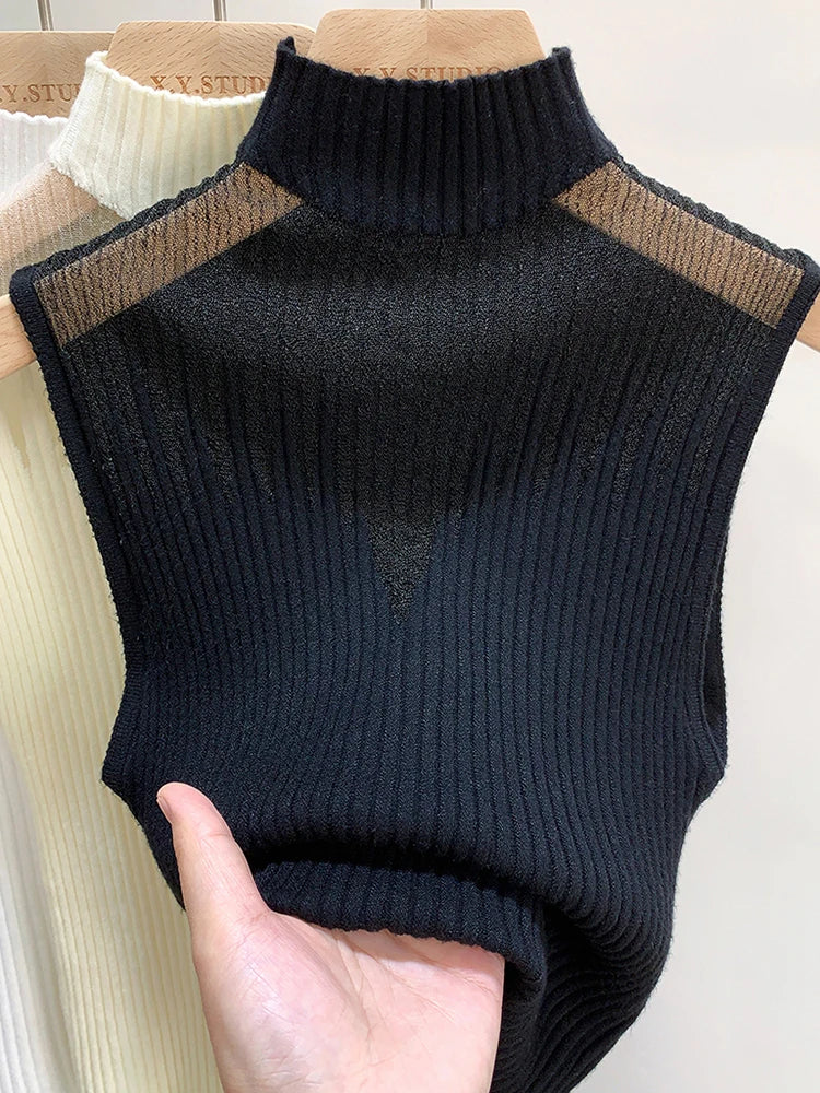 Maille Haut Tricoté Femmes Y2K Débardeur Demi-Cou Gilet Femme Pull Sans Manches Chic Découpé Streetwear Solide Skinny Bustier Tubulaire