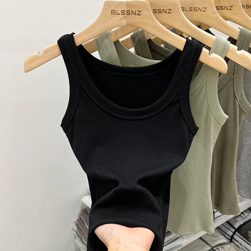 Zjaiss Femmes Solide Col Rond Côtelé Débardeur Camisole Femmes 2026 D'été Basique Élastique Débardeur O Cou Solide Débardeur