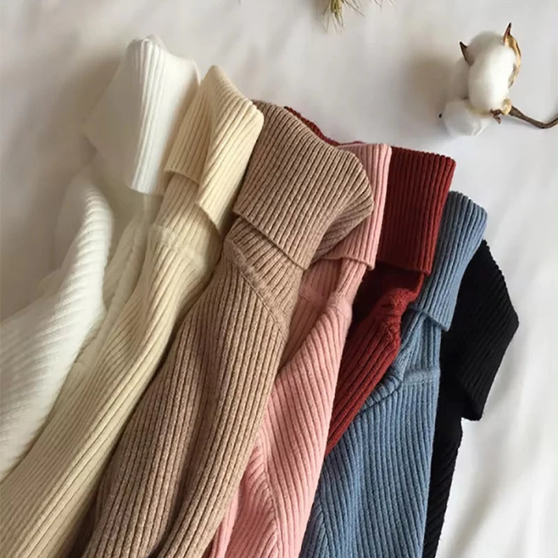 Pull épais tricoté côtelé pour Femme, Pull à manches longues, col roulé, Slim, doux et chaud, collection automne hiver 2024
