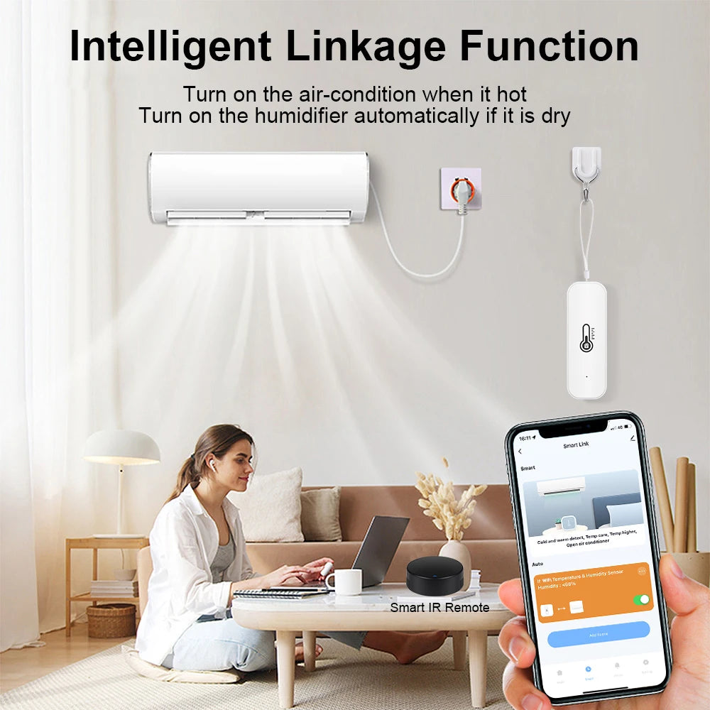 Capteur d'humidité et de température Tuya WiFi, blanc, pour maison connectée, alimenté par batterie, compatible avec une application et fonctionnant sous Alexa ou Google Assistant