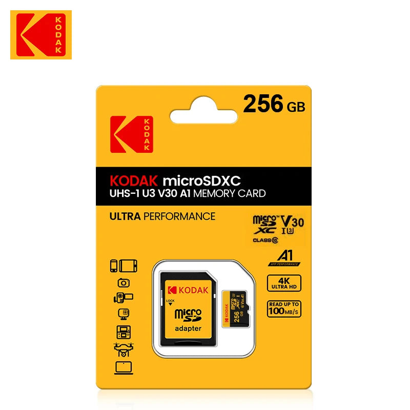 Carte mémoire KODAK Micro SD 512 Go 256 Go, jusqu'à 100 Mo/s, C10 U3, 32 Go 64 Go 128 Go, compatible 4K HD, pour lecteur de cartes USB et adaptateur MicroSD.