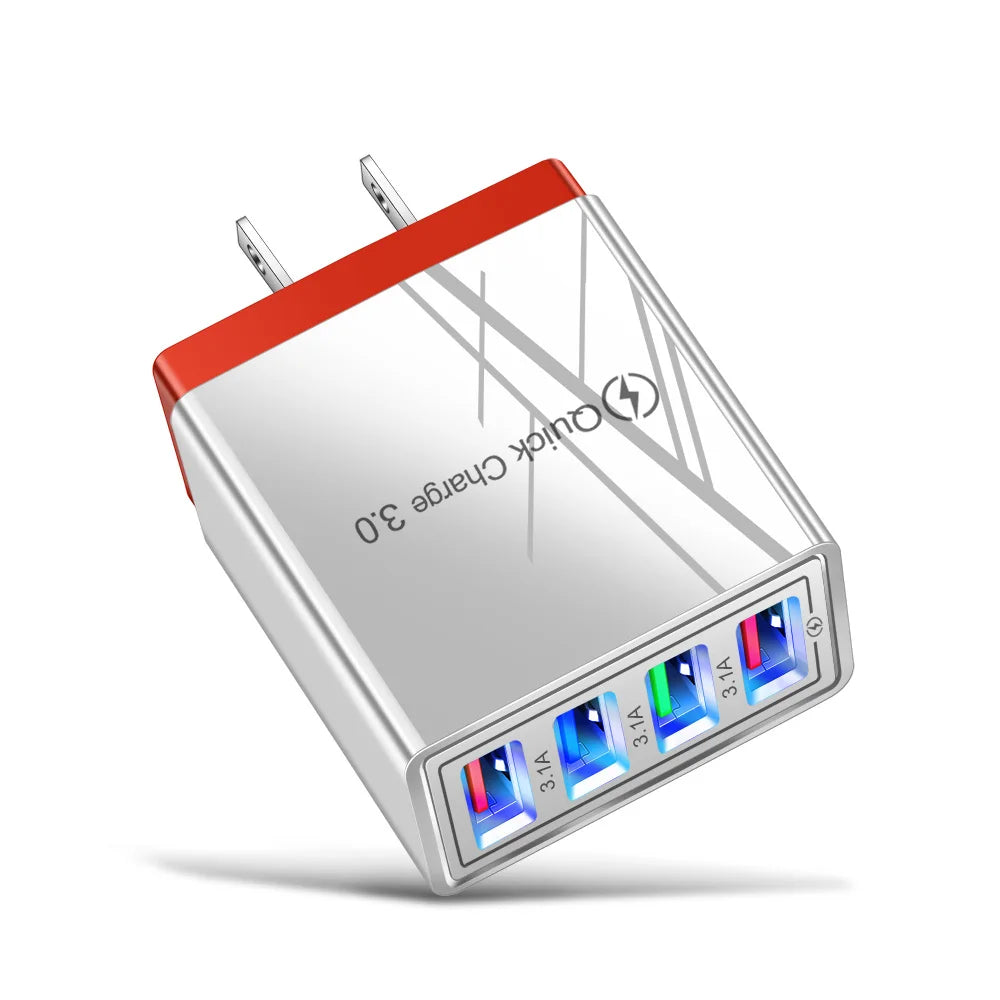 Chargeur secteur 3,1 A (UE/US) avec 4 ports USB pour la maison et les voyages, compatible avec iPhone 12, 13, 14, 15 Pro Max, Samsung, Xiaomi et Huawei