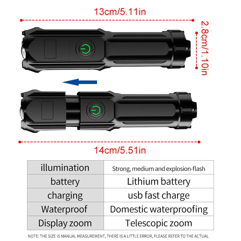 Lampe torche LED pour Camping, haute puissance, Rechargeable, USB, lanterne Zoom, batterie intégrée, étanche, pour la pêche en plein air
