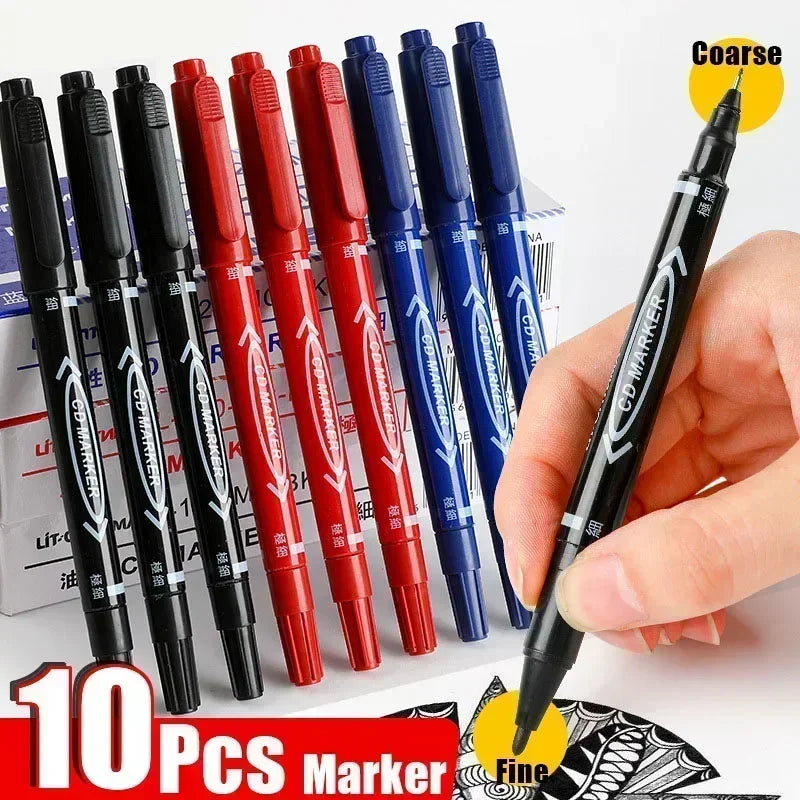 Lot de 5 ou 10 marqueurs permanents à encre noire, bleue et rouge, à double pointe fine. Articles de papeterie pour l'école et le bureau
