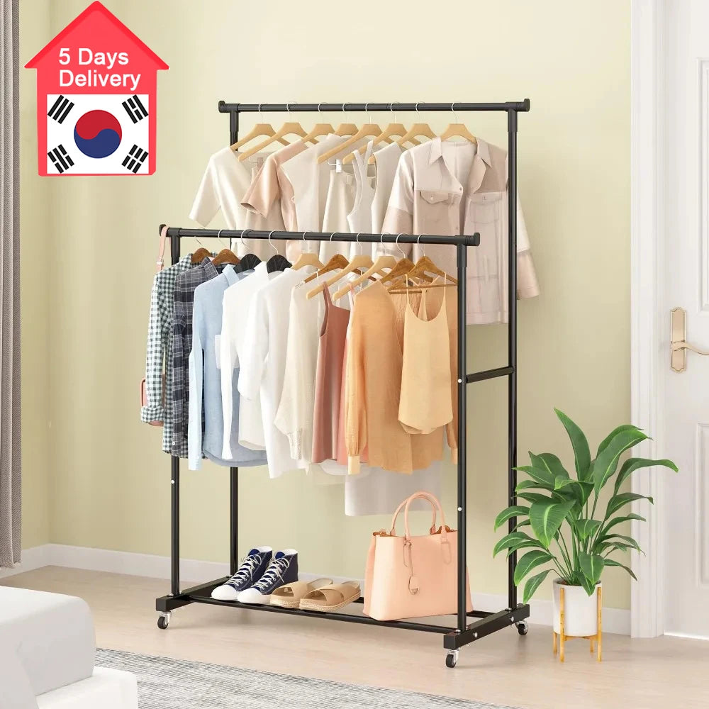 Portant à vêtements double barre avec crochets, organisateur de vêtements suspendus pour chambre à coucher, cintre mobile à roulettes