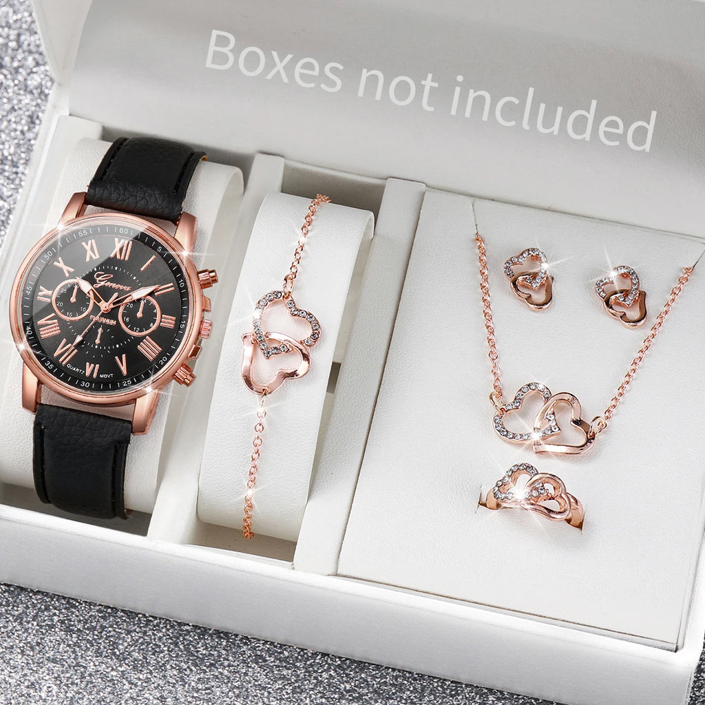 Ensemble de 5 montres pour femmes, style Genève, avec bracelet en cuir décontracté et strass en forme de cœur (sans boîte)
