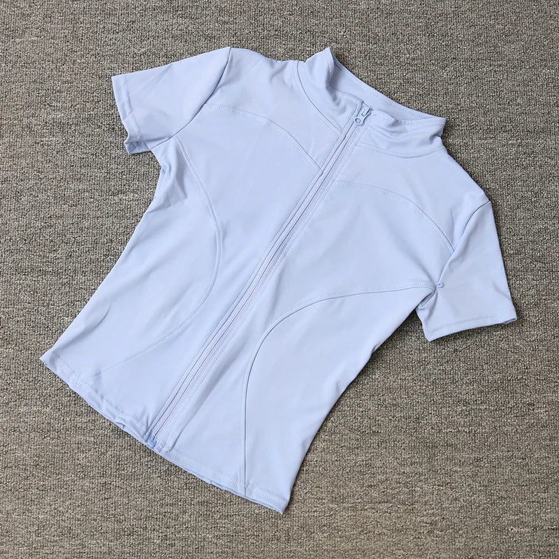 T-shirts de yoga à col montant et fermeture éclair intégrale, manches courtes