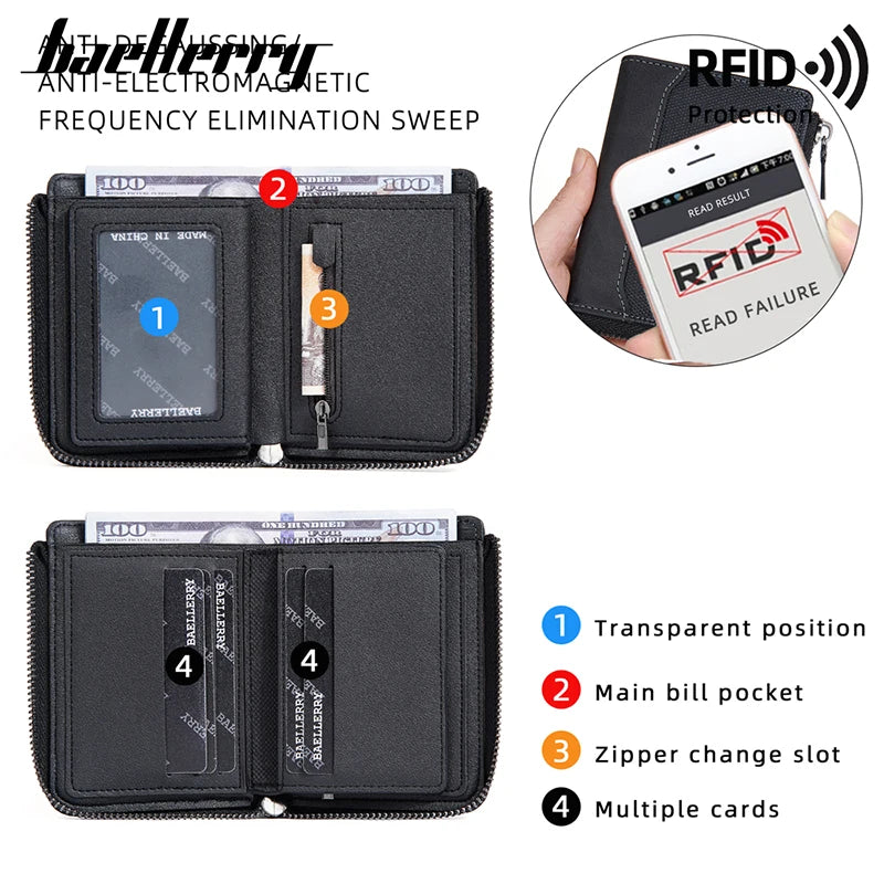 Portefeuille court simple à fermeture éclair Baellerry RFID pour homme, porte-cartes de luxe, porte-photo, porte-monnaie