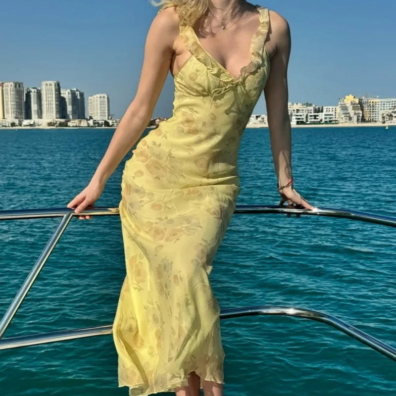 Robe Maxi plongeante à imprimé Floral cryptographique, tenue Sexy, dos nu, tenue de soleil féerique, vêtements de plage, vacances, Coquette, été