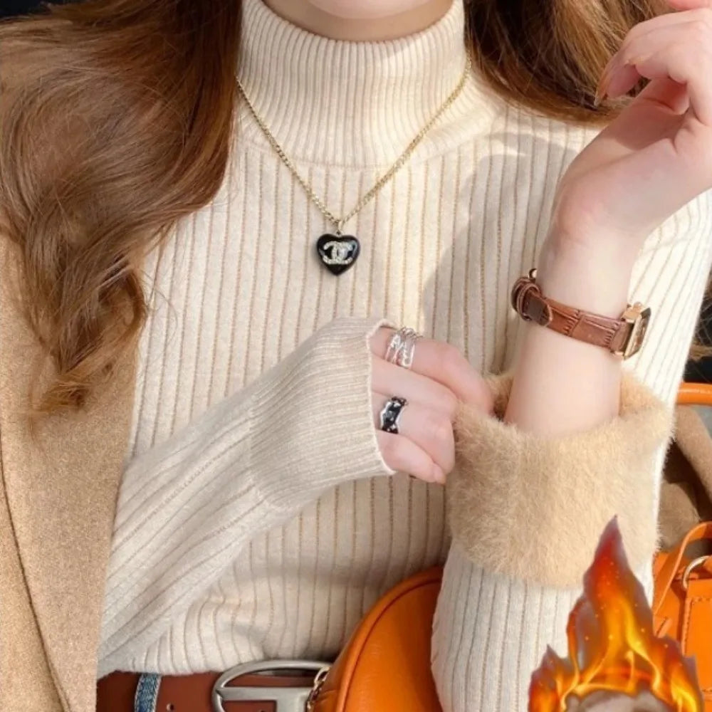 Pull à col roulé pour femme, rétro, avec doublure en velours, vêtements intérieurs épais, tricot thermique, chemise à bascule, collection hiver 2025
