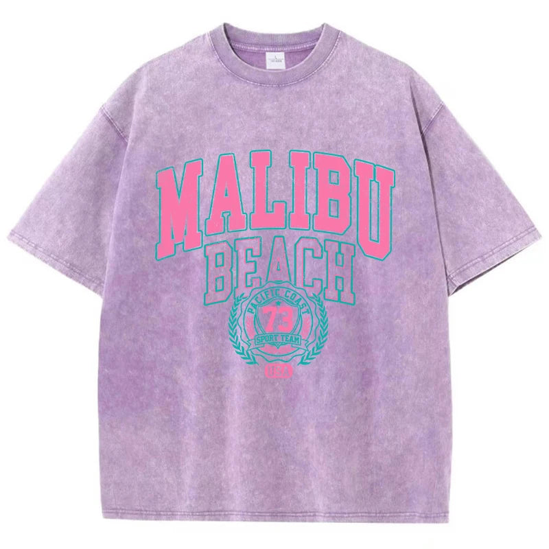 Malibu Beach T-Shirt lavé femmes lettre impression coton T-Shirt confortable col rond hauts décontracté surdimensionné t-shirts vêtements féminins