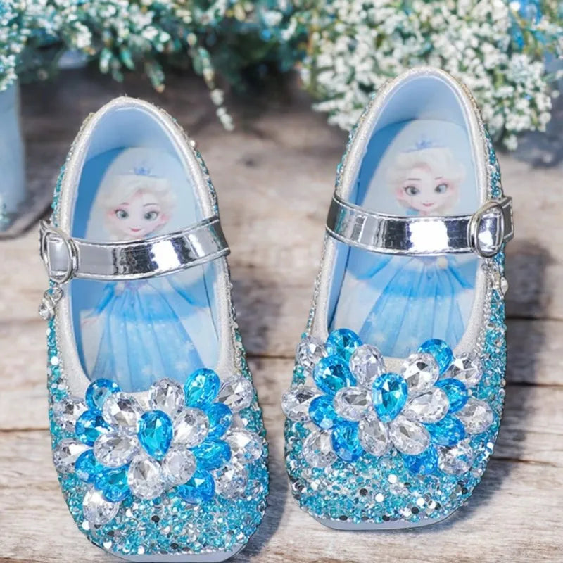Chaussures décontractées pour enfants Elsa Princesse La Reine des Neiges en cuir PU à paillettes et cristaux, semelle souple antidérapante, violet et bleu, pointures 23 à 34