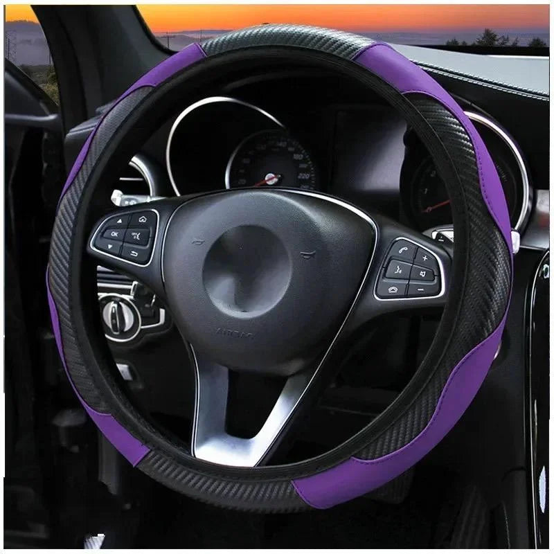 Car Steering Wheel Cover Breathable Anti Slip PU Leather Steering Covers Suitable 37-38.5cm Auto Decoration Carbon Fiber