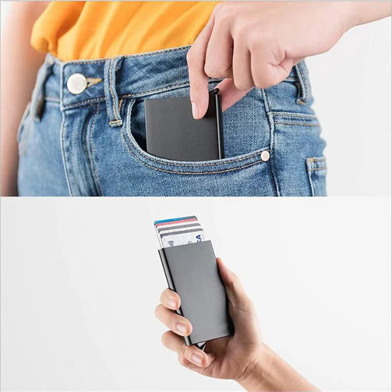 Hommes ID crédit porte carte bancaire portefeuille Anti Rfid intelligent Anti Rfid blocage protégé magique Pop Up mince petit argent portefeuilles étui
