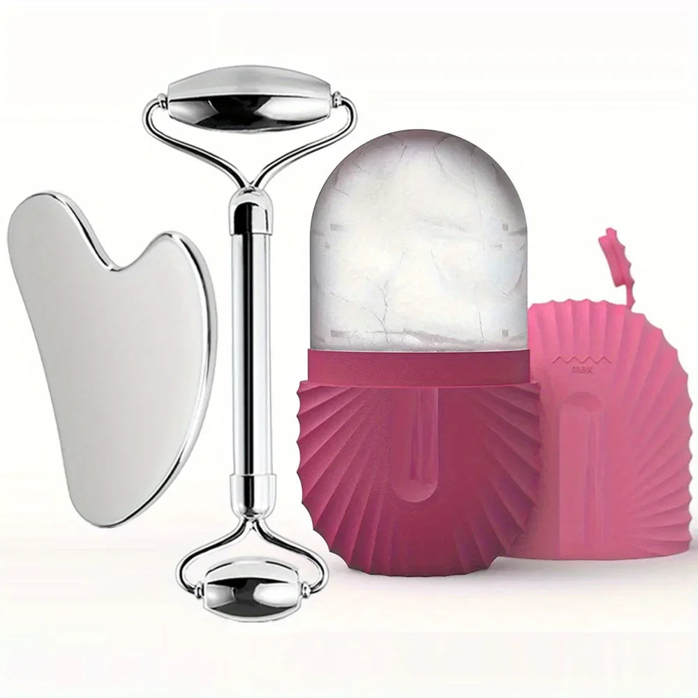 3in1 Stainless Steel Ice Face Roller & Gua Sha Facial Skincare Tool Kit Face Lifting Facial Treatment Reduce Acne Skin Care Tool
