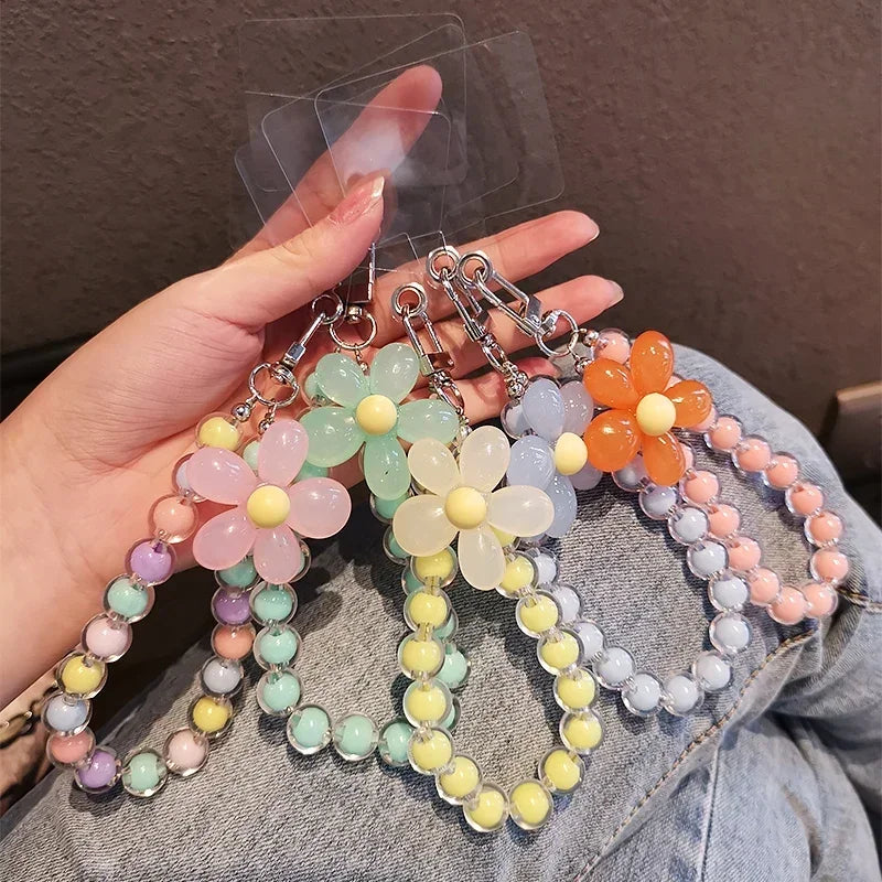Lanière de téléphone Anti-perte pour clé, pendentif de poignet court, Macaron coloré, perle ronde, chaîne à main pour femmes, lanière de téléphone portable