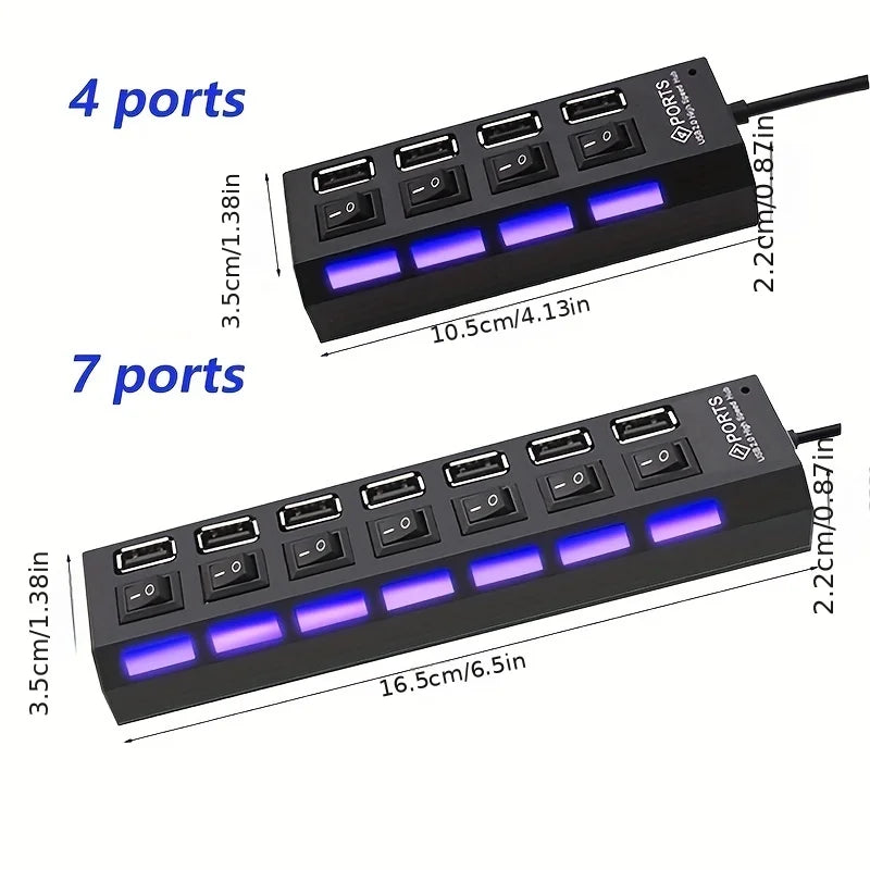 USB Hub Splitter With Individual Switch USB 4/7 Port Splitter Individual Switch USB Adapter Hub Multi-Port Socket Powered ON/OFF