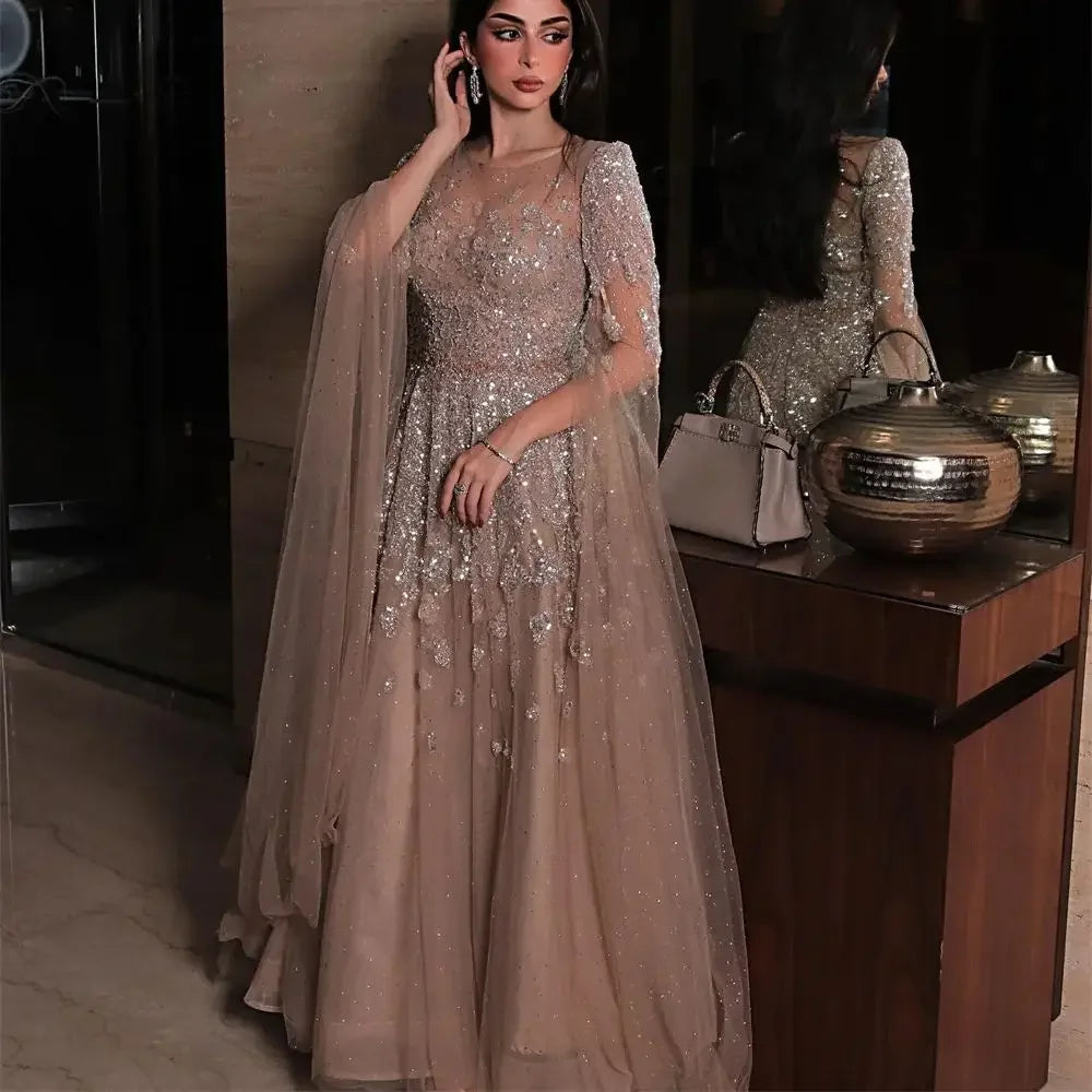 Robe de soirée trapèze à manches chauve-souris personnalisées, ornée de tulle brillant et de sequins, robe de bal exquise et élégante