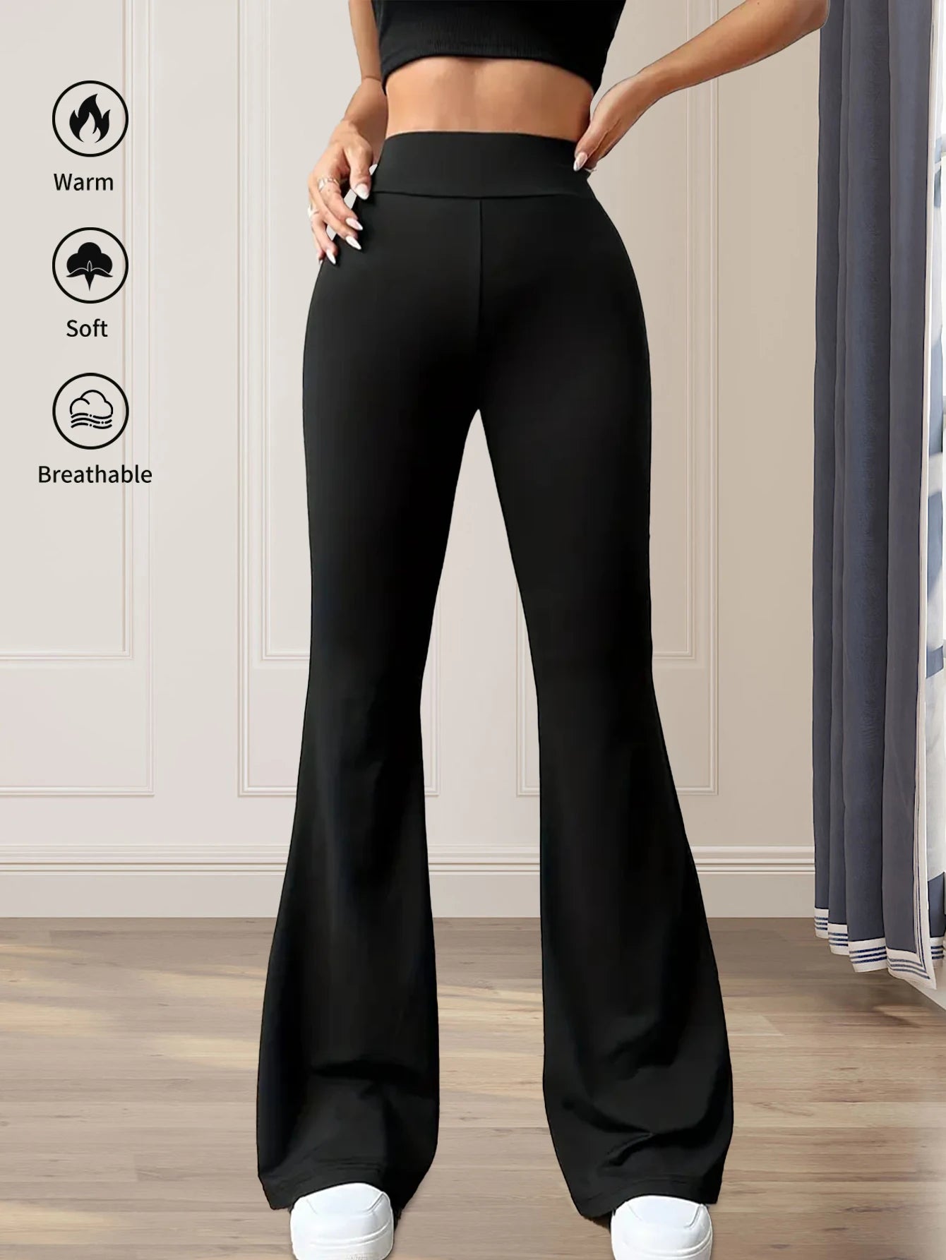 Pantalon évasé taille haute moulant pour femme, idéal pour le printemps et l'été ; pantalon noir long à jambes fines et larges pour femmes minces