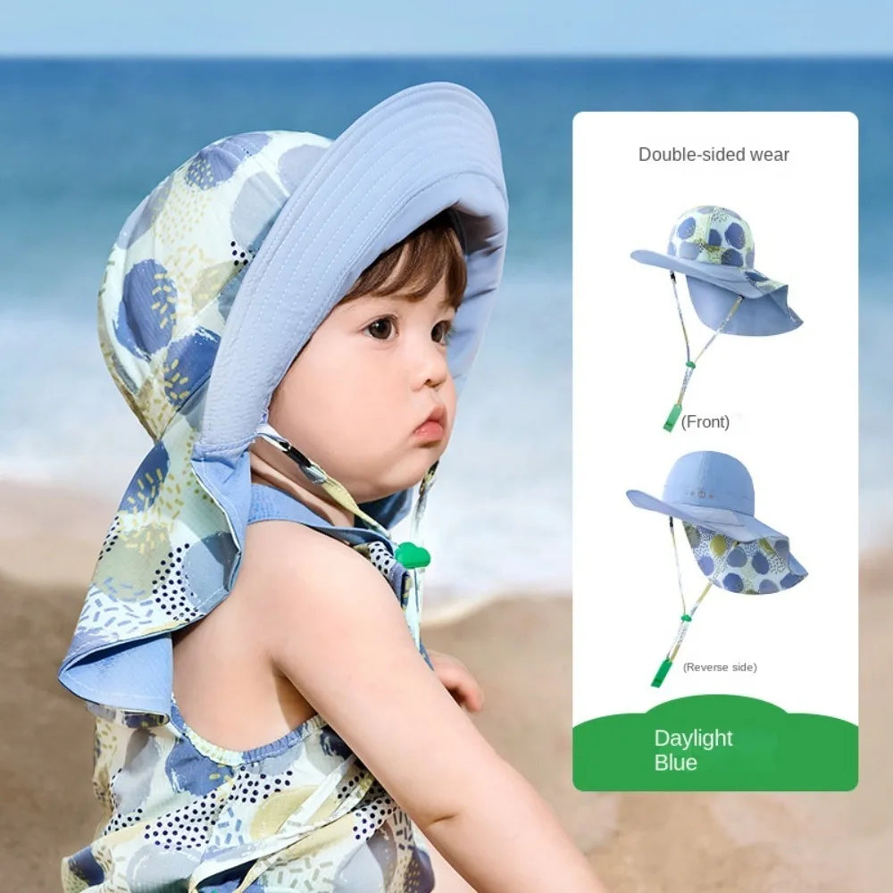 Chapeau de soleil confortable de style coréen pour enfant, double face, en coton, à large bord, idéal pour la plage et le sable, protection solaire UPF 50+, ajustable, pour l'été