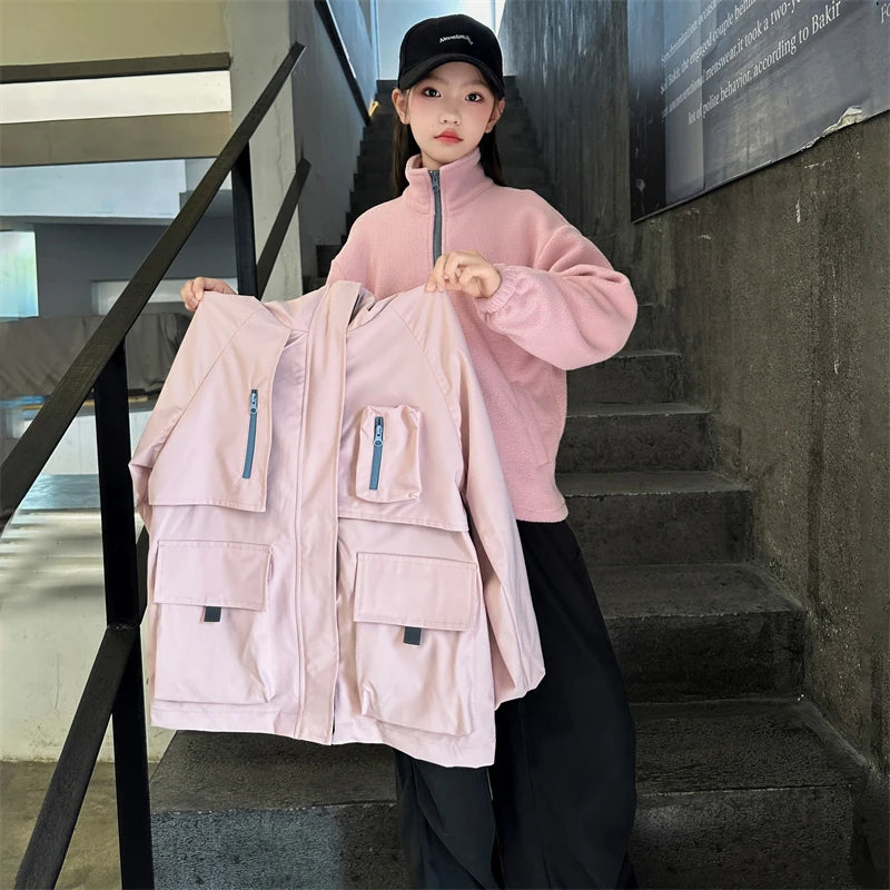 Veste à capuche pour enfant de 4 à 14 ans, ensemble deux pièces pour fille, vêtement d'extérieur sportif pour enfant, style printemps-automne, chaude