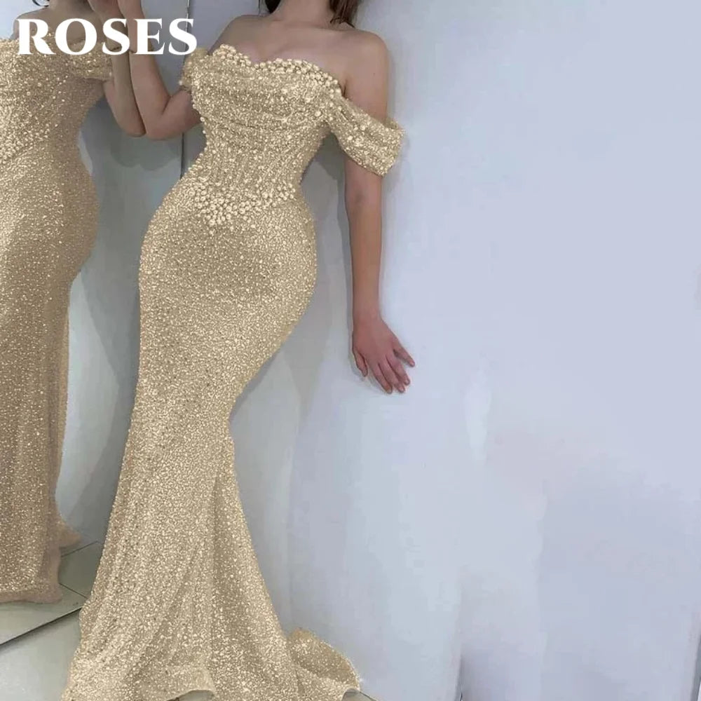 Robe de bal ROSES Pearl, magnifique robe bustier à épaules dénudées, décolleté cœur, ornée de sequins brillants et de broderies en chevrons. Robe de soirée personnalisée