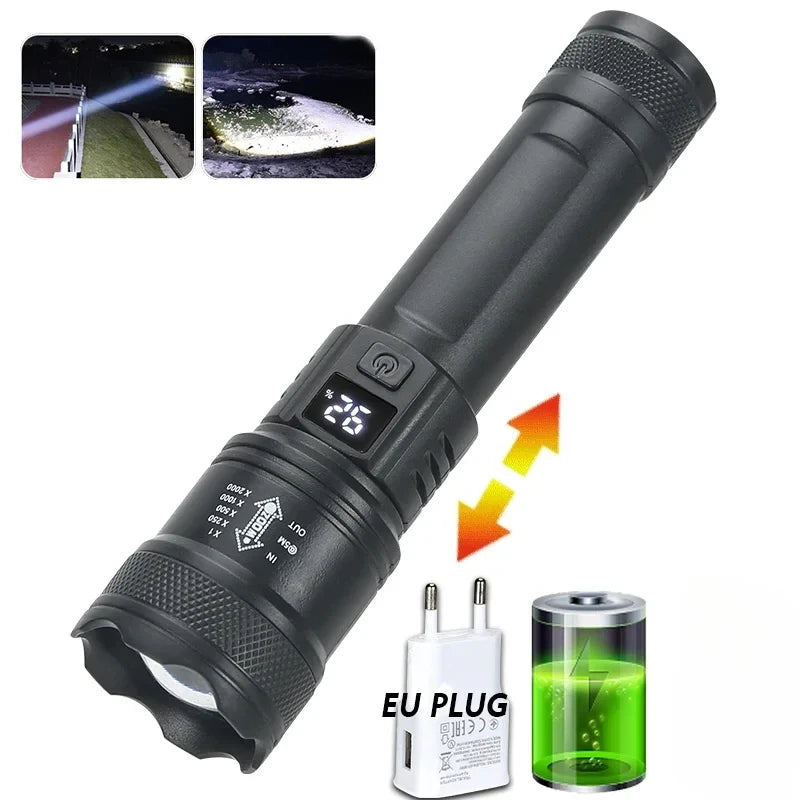 Lampe de poche LED puissante avec affichage de batterie, Rechargeable par USB, Zoom télescopique, torche, lanterne pour Camping en plein air, pêche, 9900lm