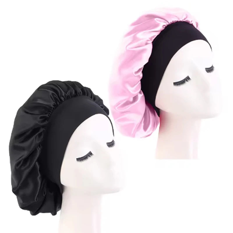 Bonnets solides en Satin pour femmes, Bonnet de bain à larges bords pour dormir la nuit, unisexe, bandeau élastique, Bonnet de soins capillaires