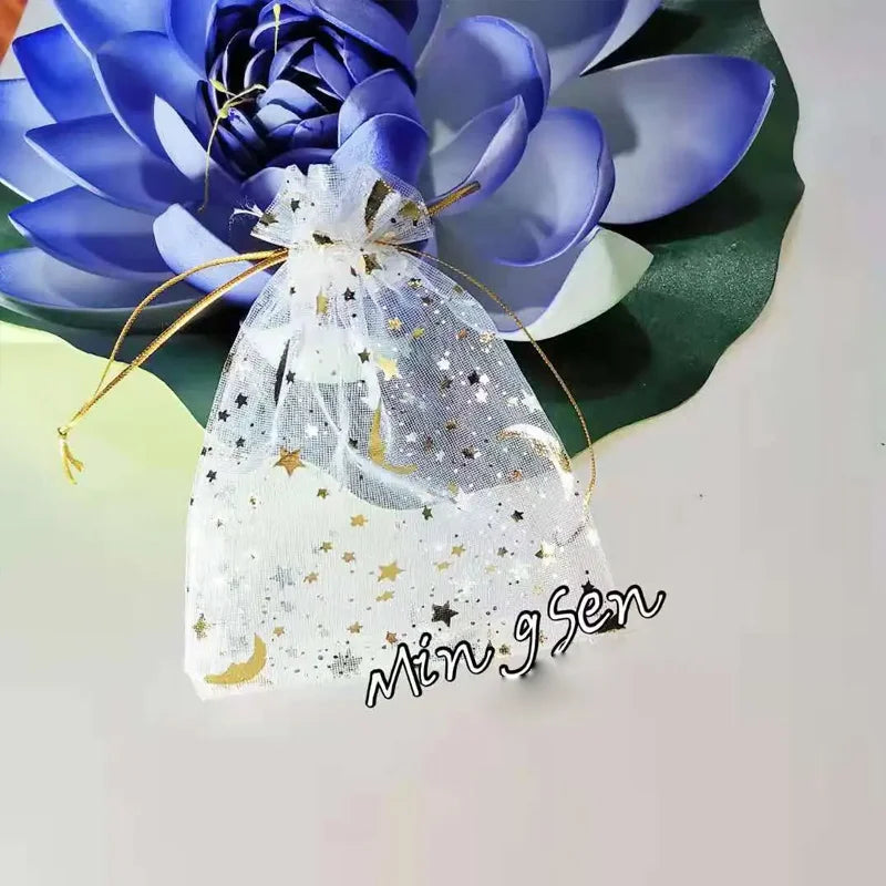 50PCS White Moon Stars Drawstring Organza Bags Jewelry Gift Bags Pouches Gold Star Organza Favor Pouches for Christmas Wedding
