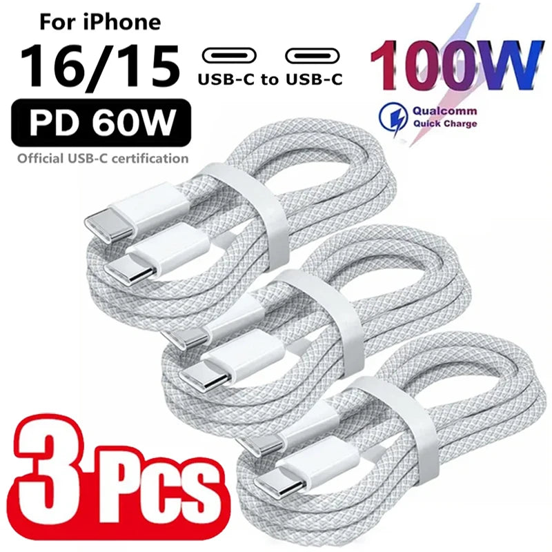 3 pièces câble USB C vers USB C 100W câble de chargeur de charge rapide prend en charge la charge rapide pour iPhone 16 15 Samsung Xiaomi Huawei etc.