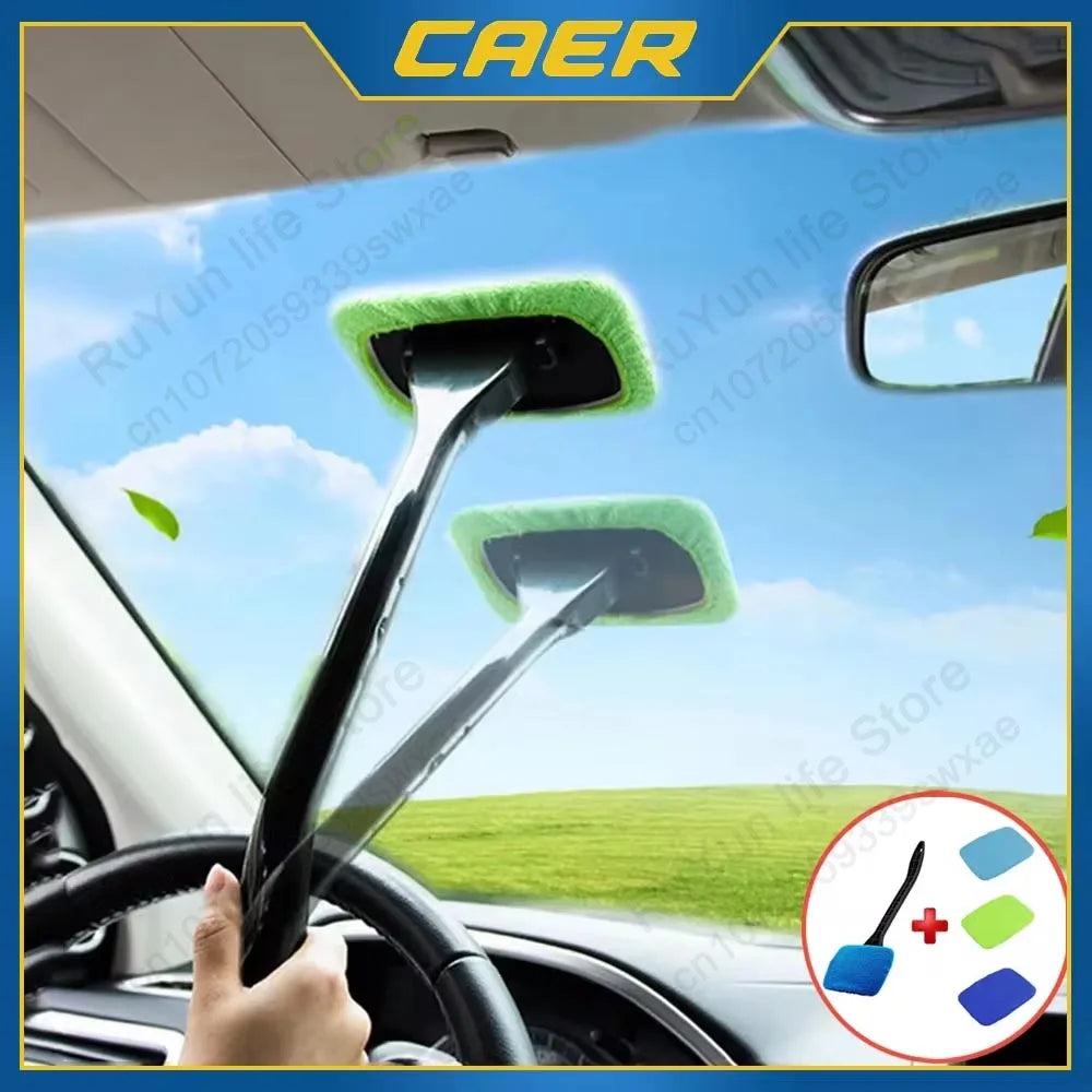 Kit de brosse de nettoyage de vitres de voiture, outil de nettoyage de pare-brise en microfibre, essuie-glace intérieur de voiture, essuie-glace à long manche, tampon en tissu réutilisable