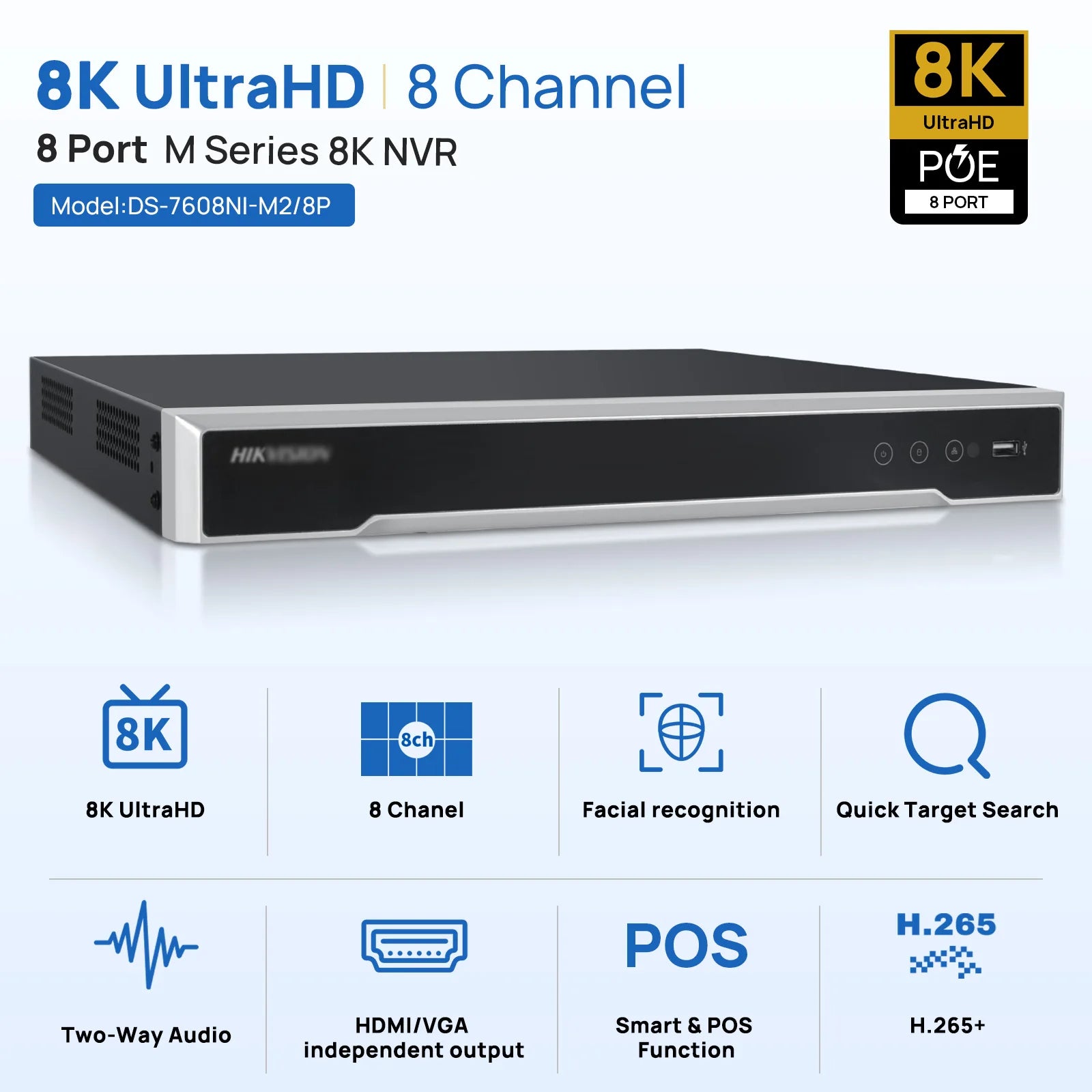 Enregistreur vidéo réseau Hikvision 8K 8CH 8POE DS-7608NI-M2/8P & DS-7616NI-M2/16P 16CH 16POE 32MP 2SATA H.265 Surveillance de sécurité