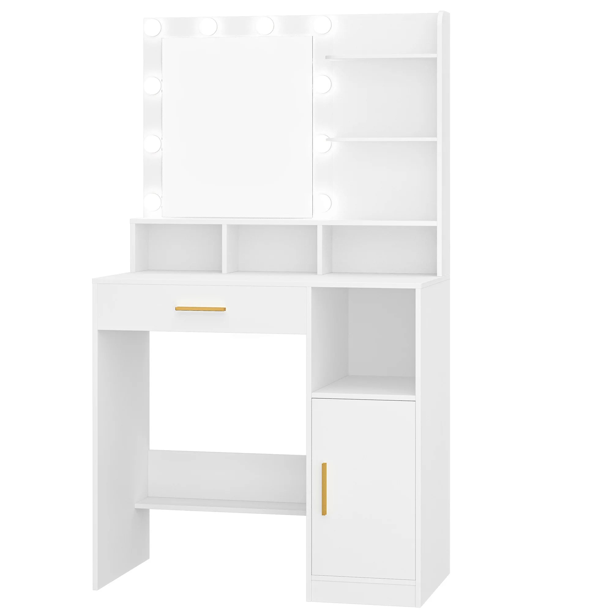 Coiffeuse Hzuaneri avec miroir et 10 lumières LED, meuble-lavabo avec 3 étagères et 4 compartiments ouverts, et grand tiroir