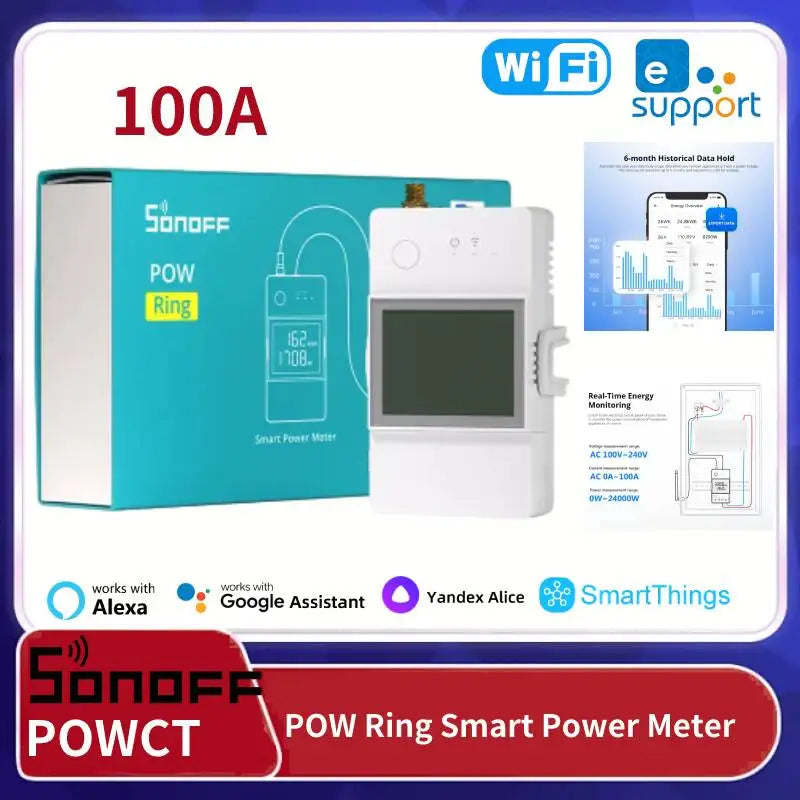 SONOFF POWCT POW Ring Compteur d'énergie intelligent Transformateur de courant 100 A Moniteur d'énergie Contacteur Compatible avec Alexa et Google IFTTT