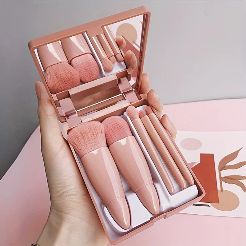 Ensemble de pinceaux de maquillage portables 5 pièces avec miroir-Kit de voyage pliable, ensemble de mini pinceaux de maquillage ensemble de pinceaux de maquillage de voyage